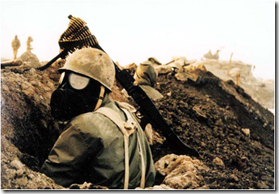 Iranian Soldier with Gas Mask