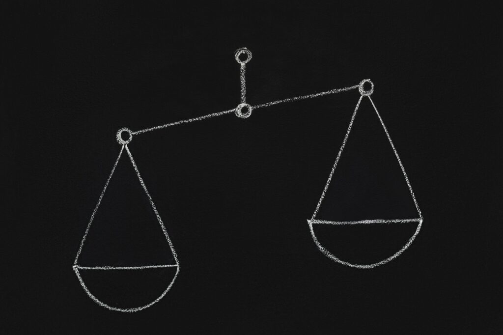 Drawn scales with empty cups on chalkboard
